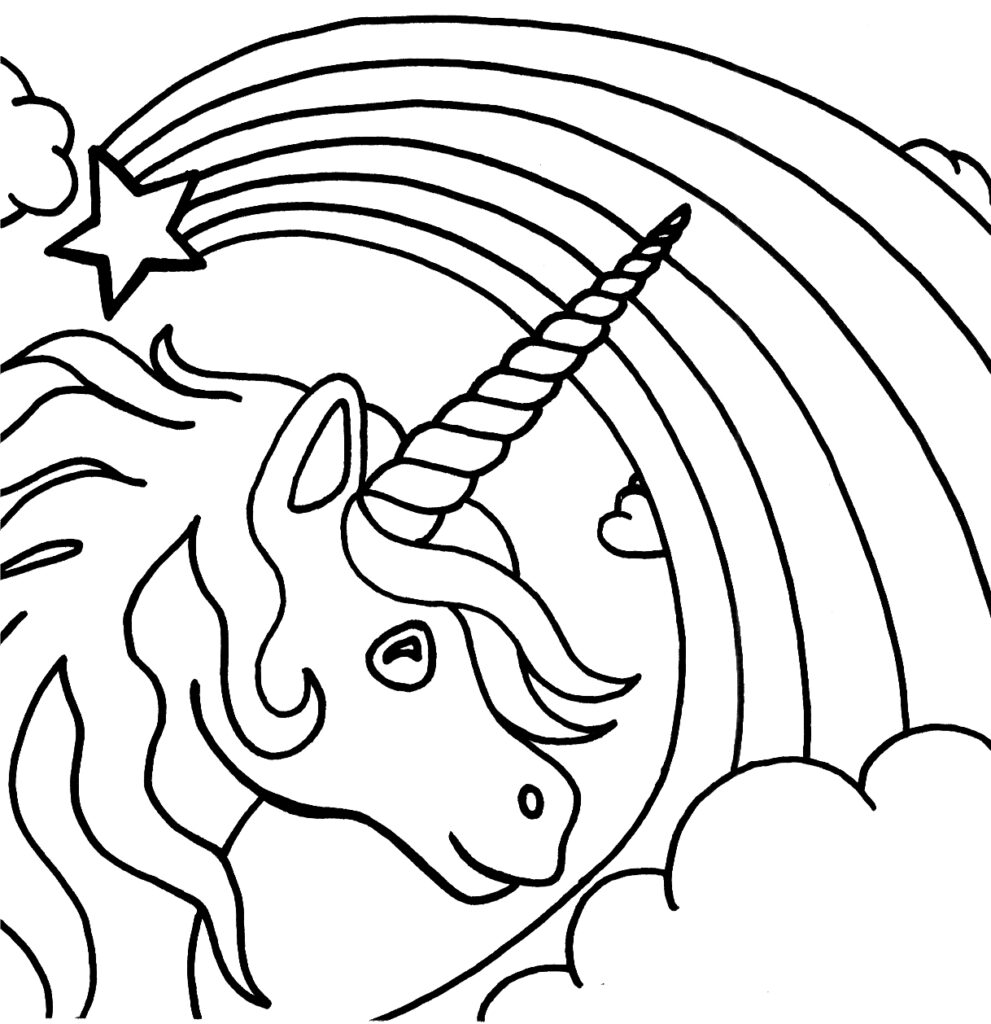 Plansa de colorat cu curcubeu si unicorn